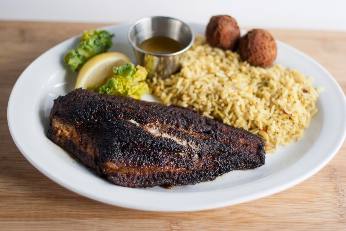 Blackened catfish and rice plate