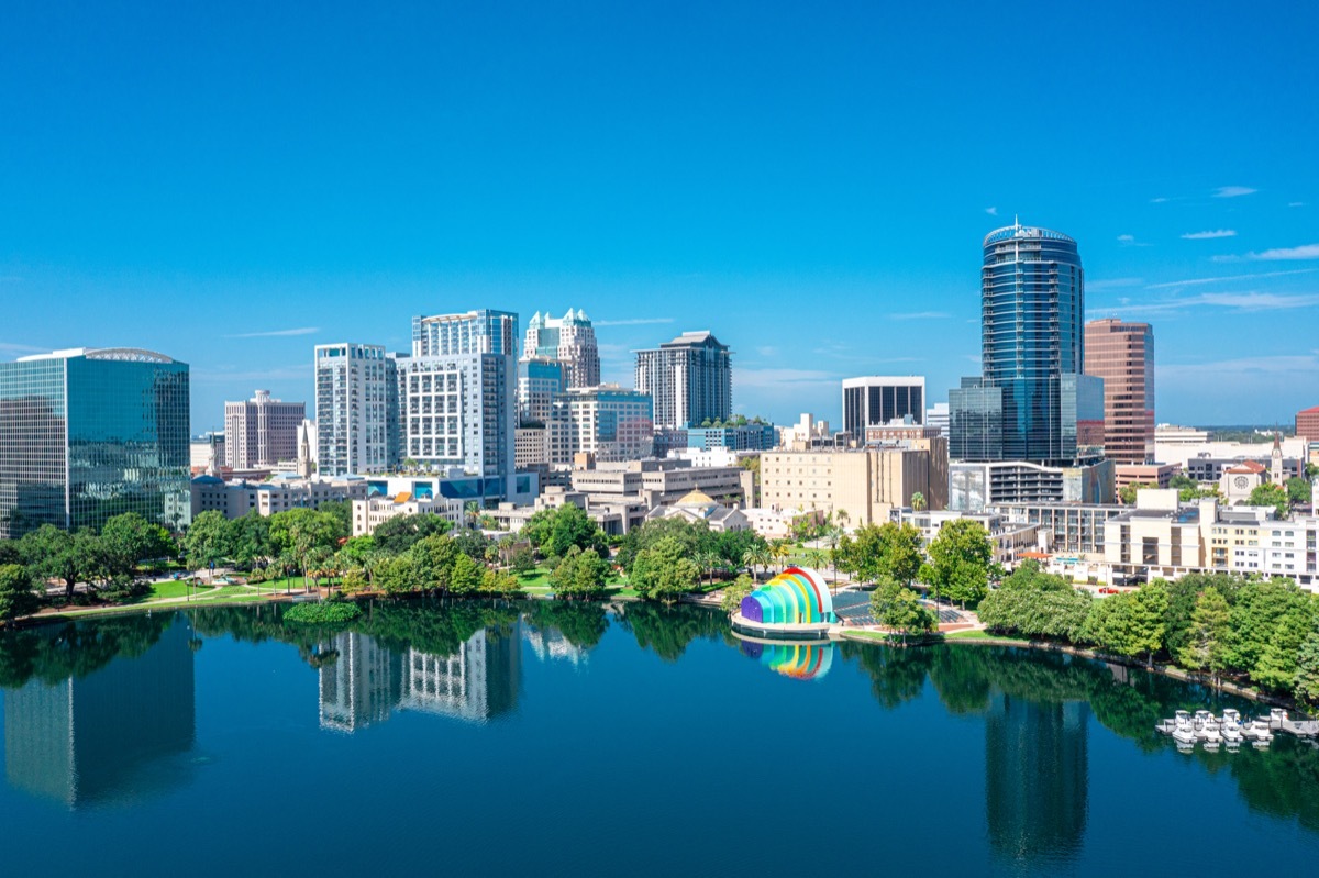 Aerial view of Orlando skyline and reflection in Lake Eola.