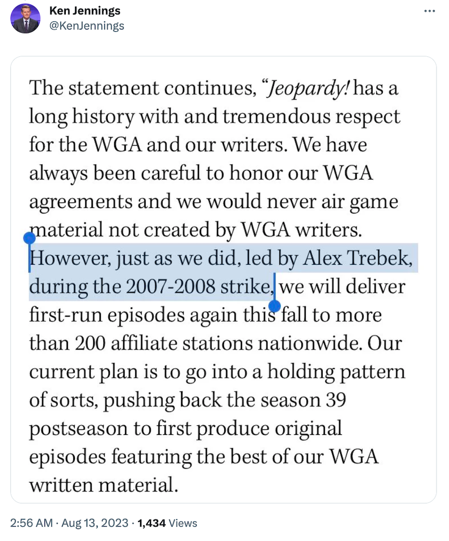 Ken Jennings' tweet about working during the WGA strike