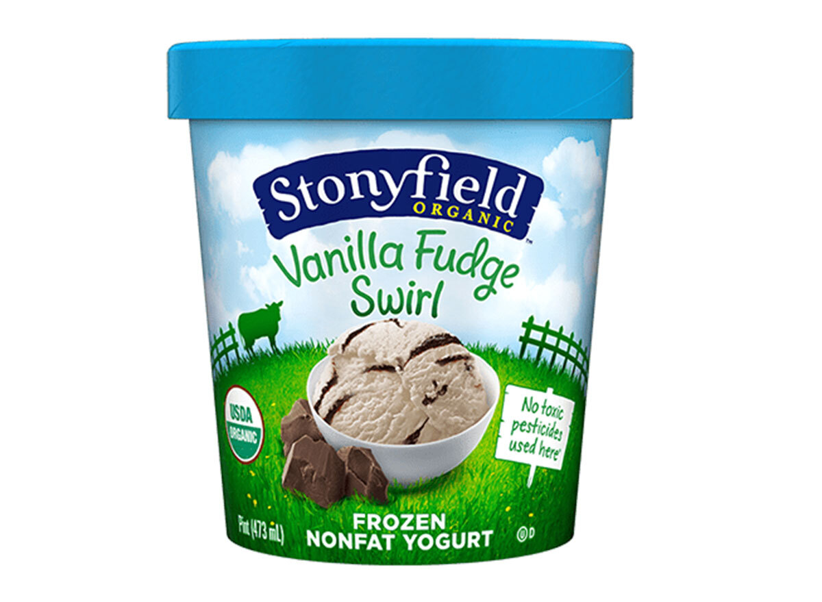 stonyfield vanilla fudge swirl frozen yogurt carton