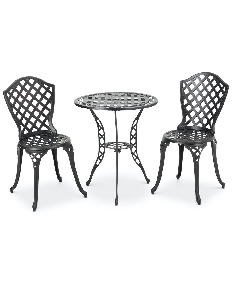 two metal garden chairs and bistro table