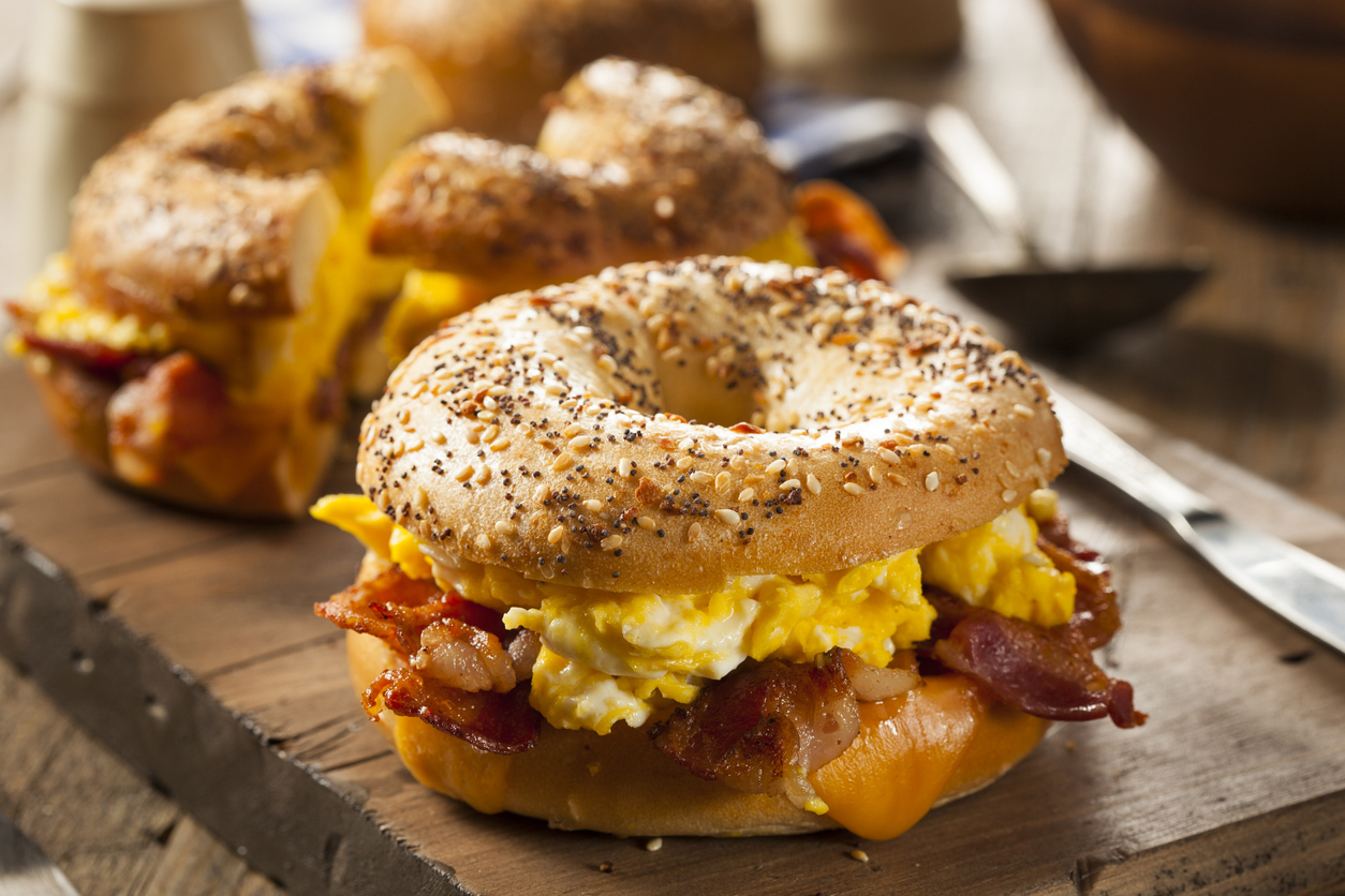 Hearty Breakfast Sandwich on a Bagel with Egg Bacon and Cheese