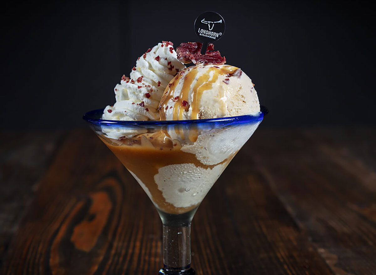 martini glass filled with steak and bourbon ice cream from longhorn steakhouse