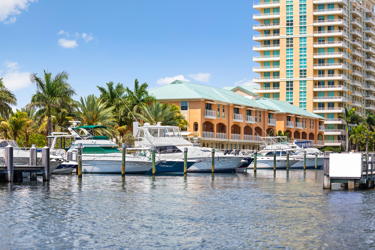 Boats are docked at a local marina in Delray Beach, Florida