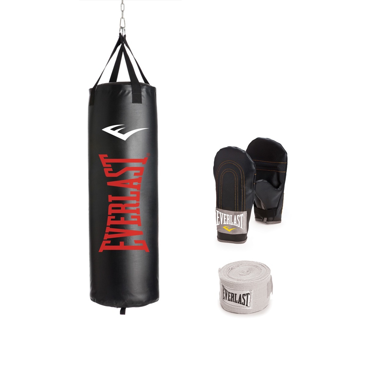 heavy bag kit with two black boxing gloves and white strap