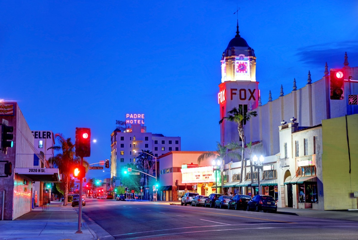 Fox Theater and street in downtown Bakersfield, California at night