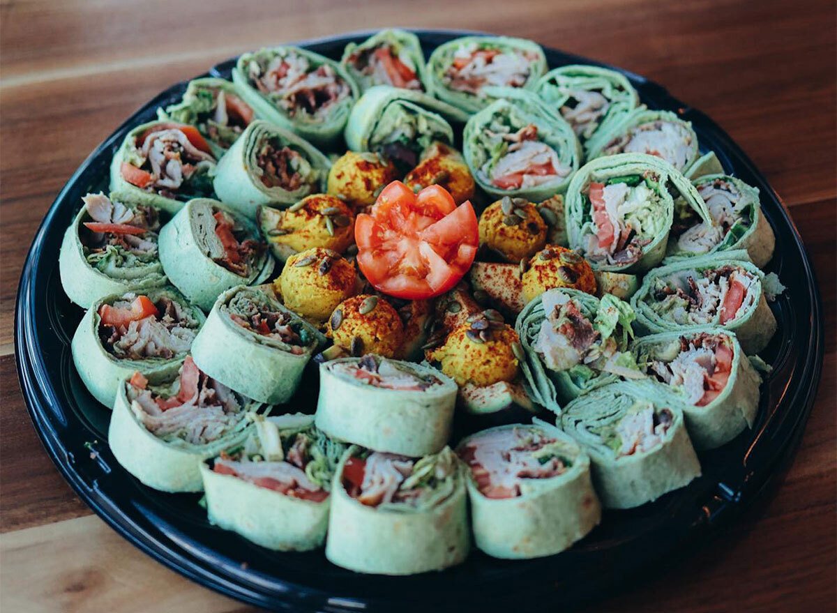 mini chicken wraps on a serving platter