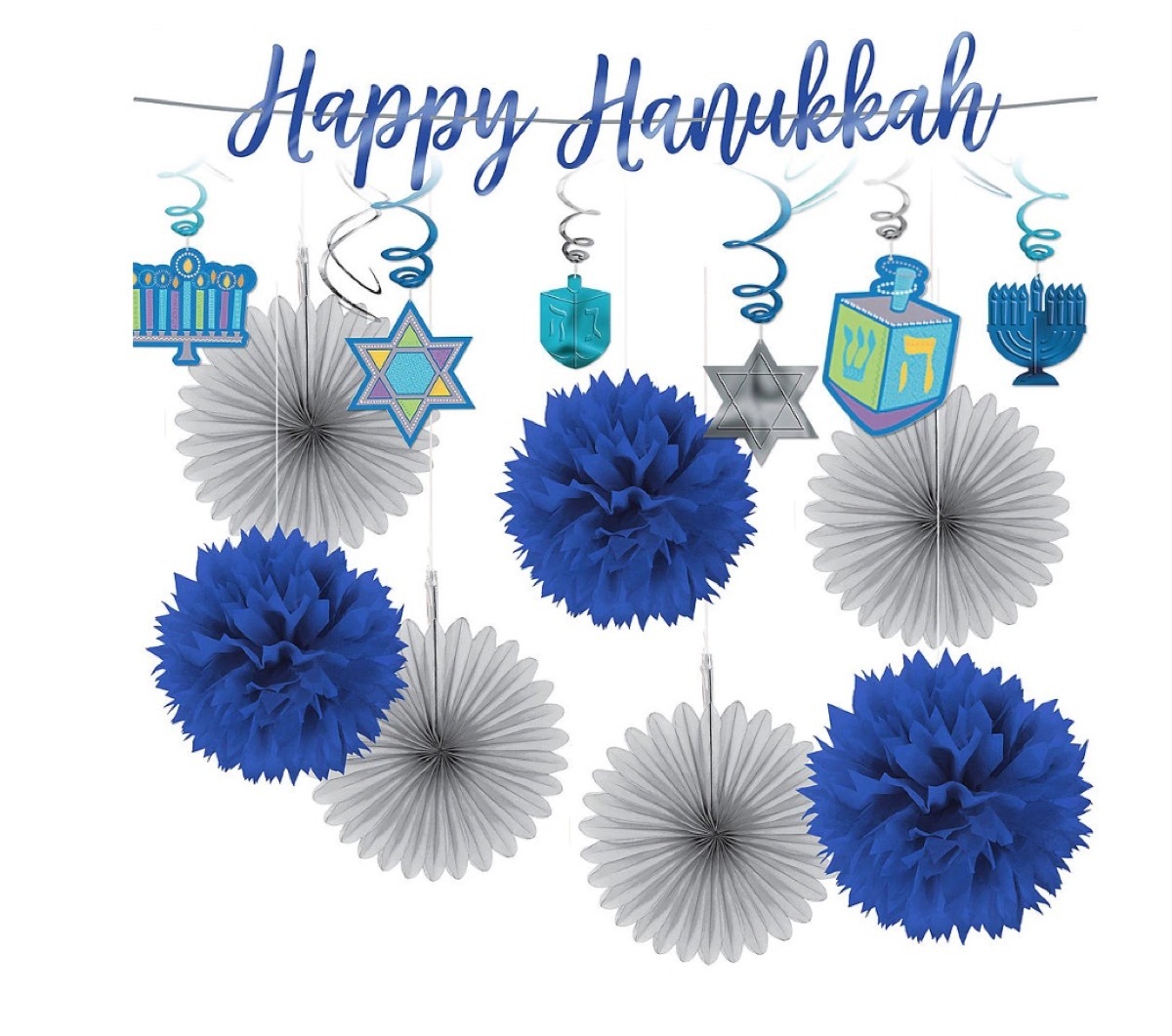 blue and white paper hanukkah garland, hanukkah decorations