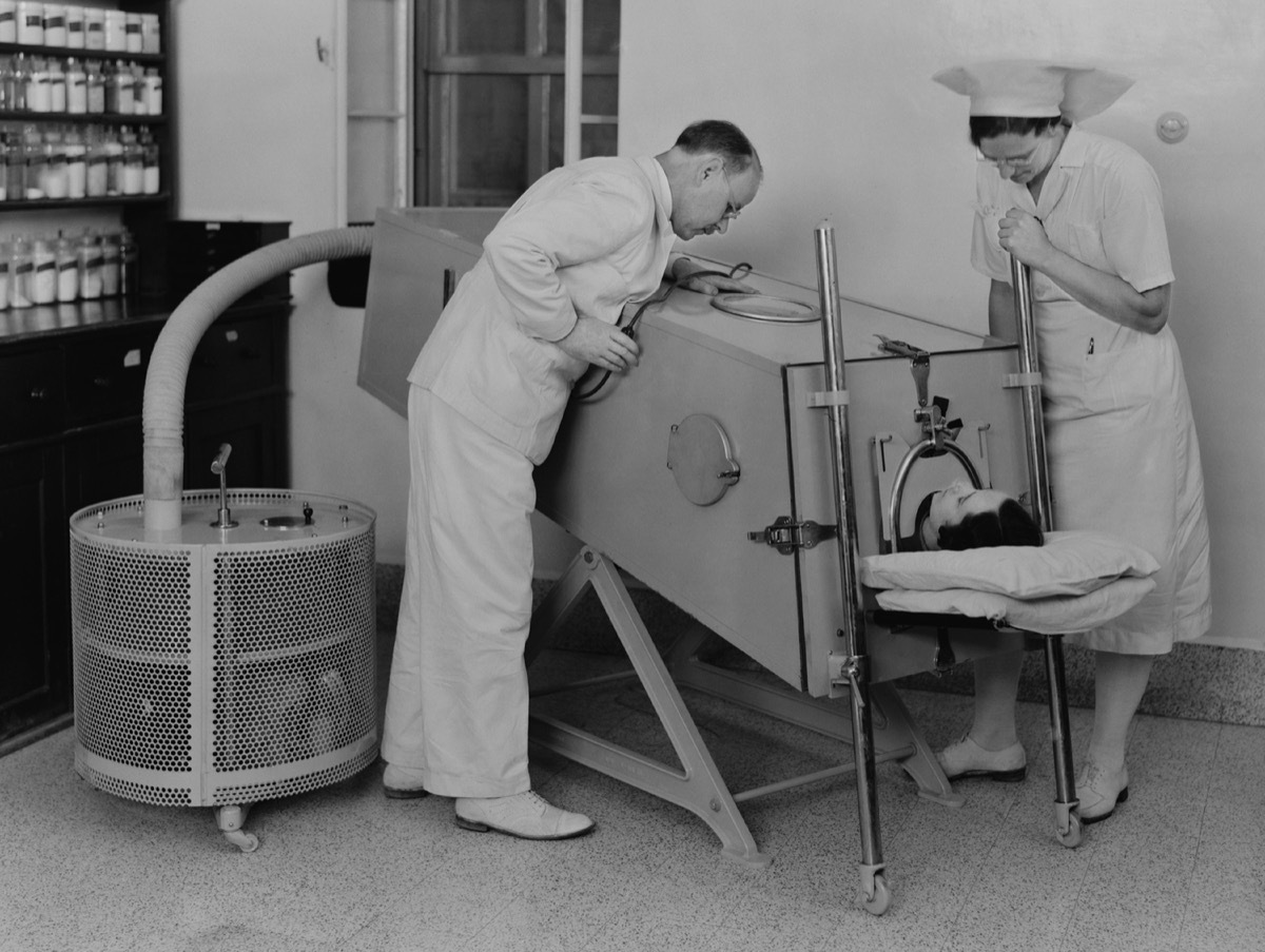 Polio patient in iron lung