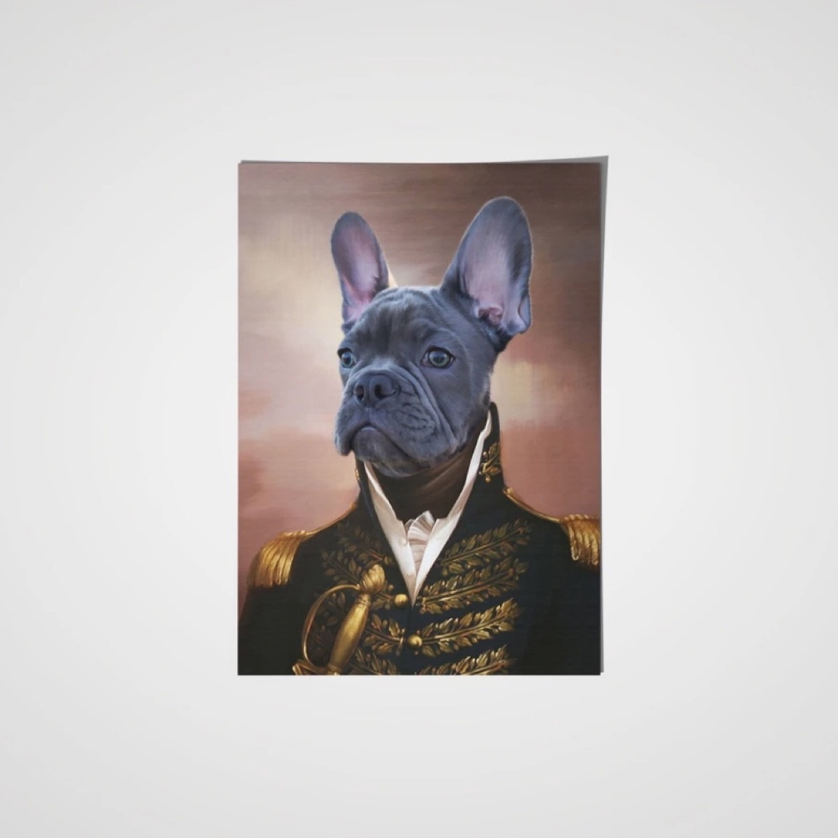 gray french bulldog dressed as a general in a painting