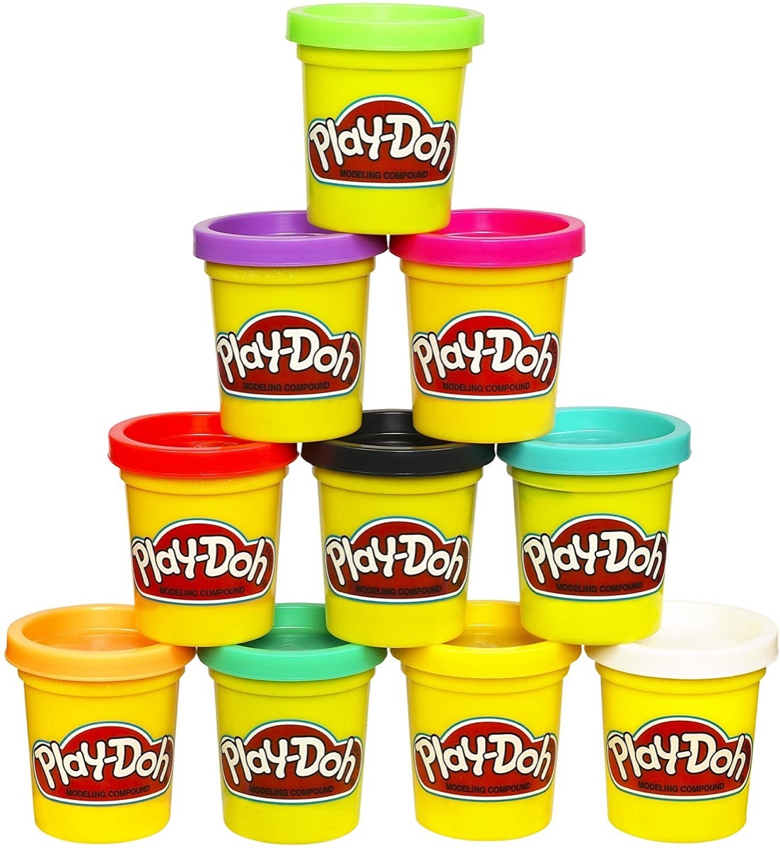 10-pack of play-doh stacked in pyramid