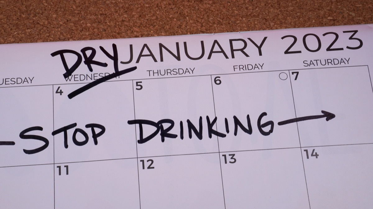 Calendar marked to indicate that January is Dry January - a month to stay sober and alcohol-free.