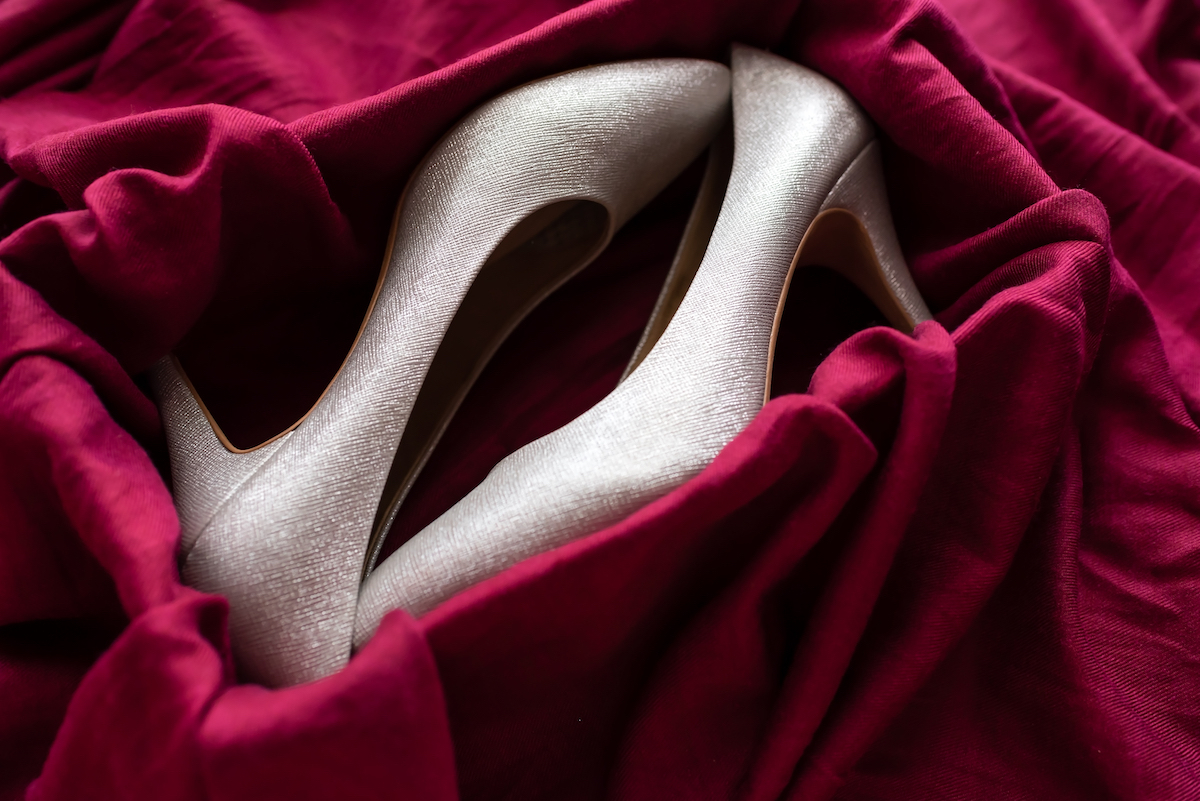 glittering silver high heel shoes in red velvet box