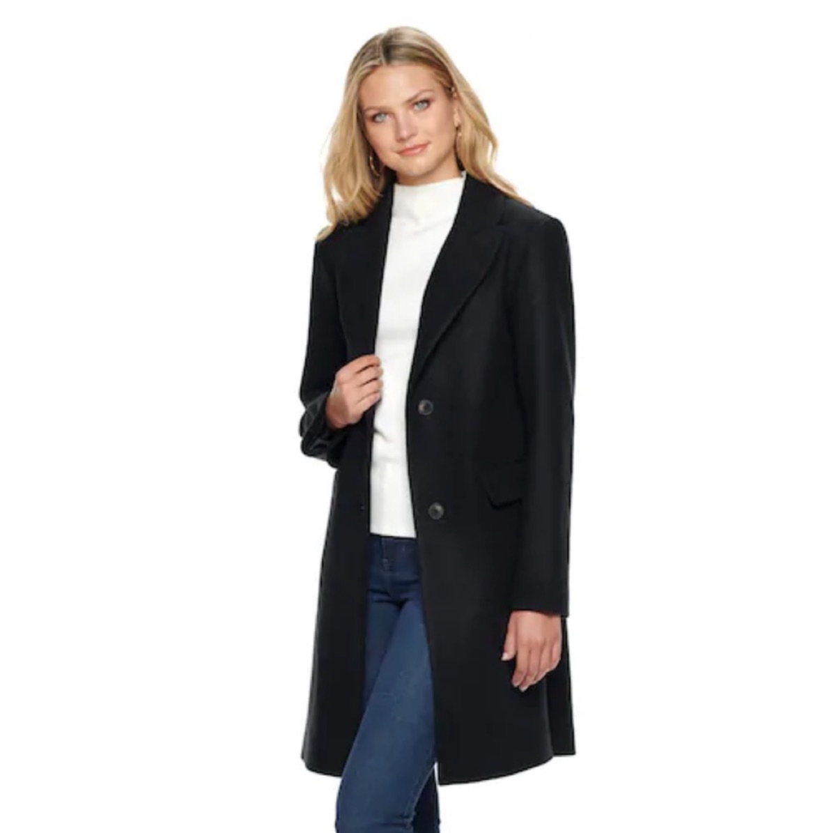 woman in white turtleneck and jeans and a black coat, women's coats for winter