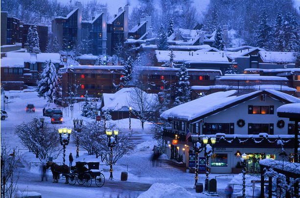 USA, Colorado, Aspen, citycape at dusk, winter, elevated view