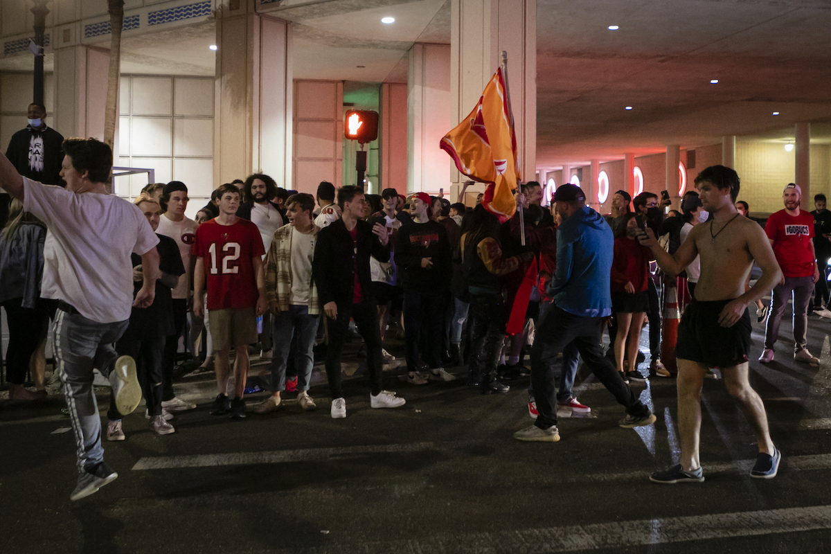 Tampa Bay Buccaneers' fans celebrate their victory after winning the Super Bowl LV, in Tampa, Florida, United States on February 08, 2021