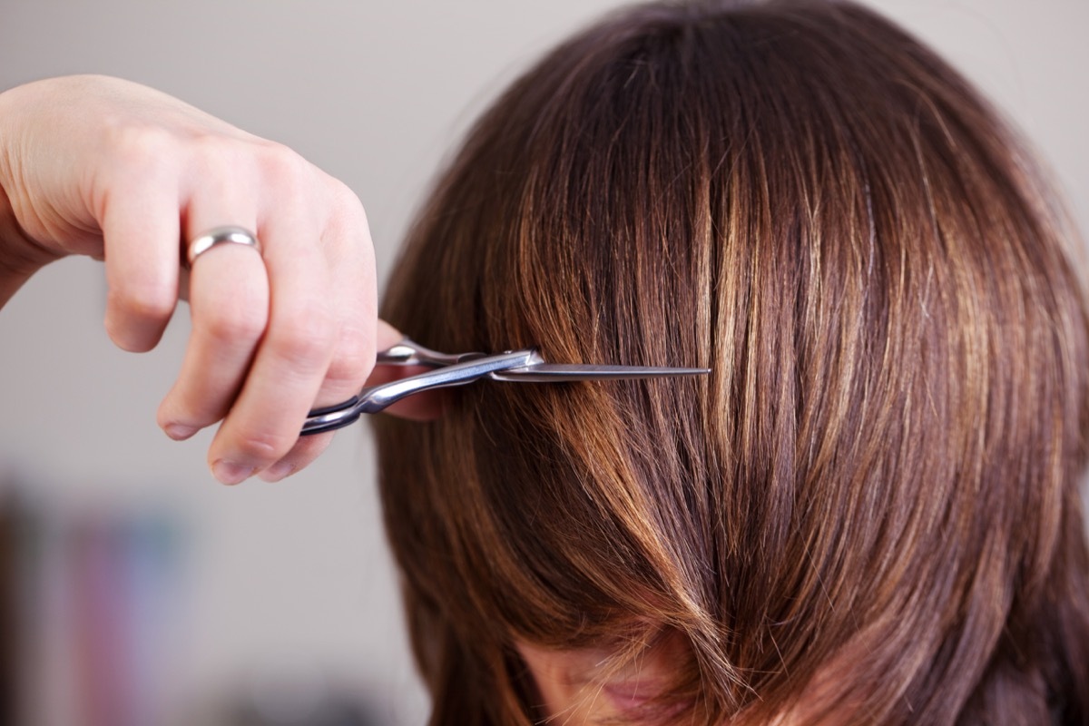 Woman with mid length brunette hair having her hair cut short at a hair salon by a stylist using scissors - Image