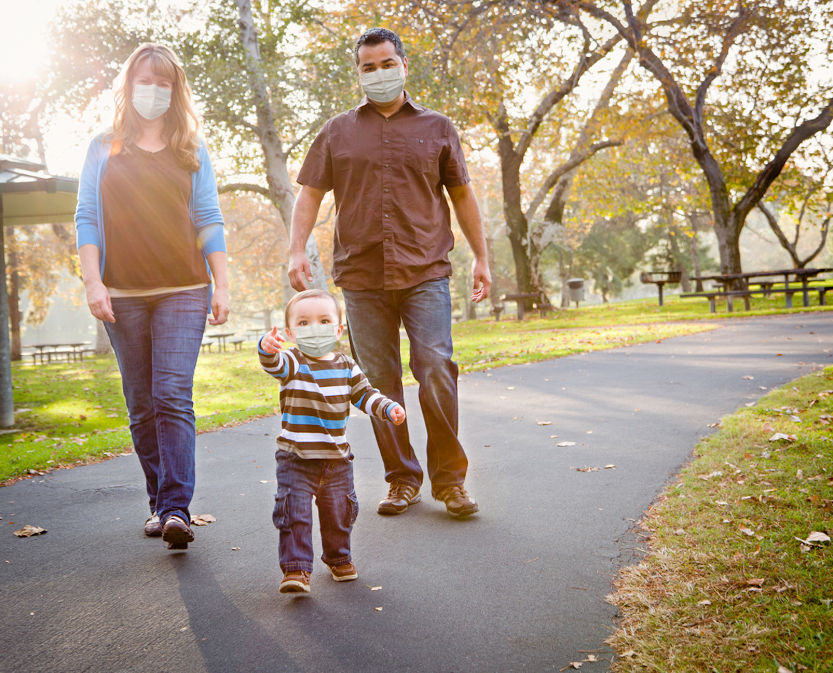 family Walking In The Park Wearing Medical Face Masks