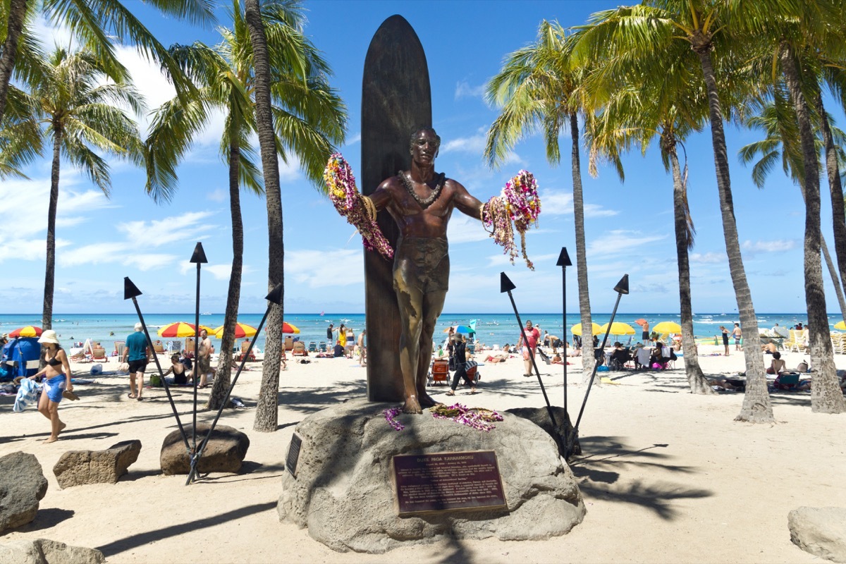 duke kahanamoku statue on waikiki beach honolulu hawaii