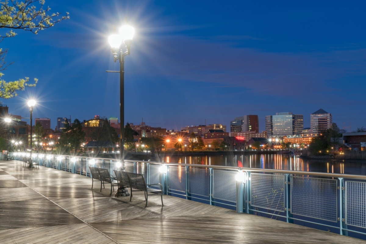 Wilmington Delaware skyline along the Riverfront at night along the Christiana River