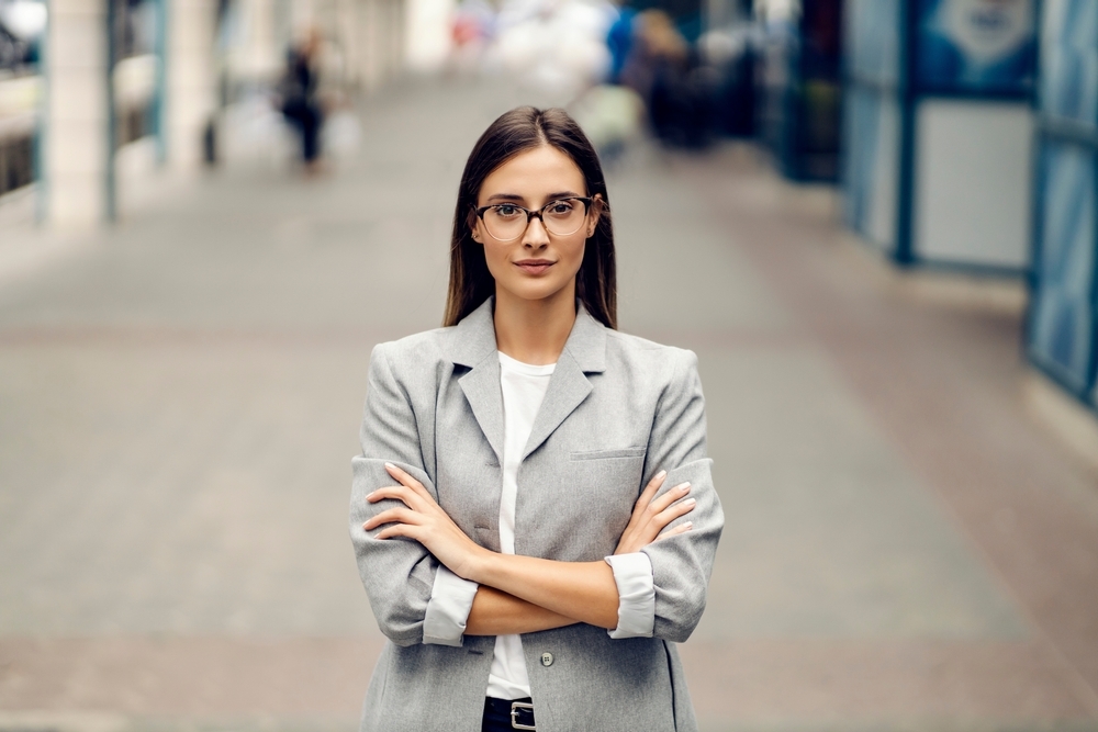 woman wearing a suit outside