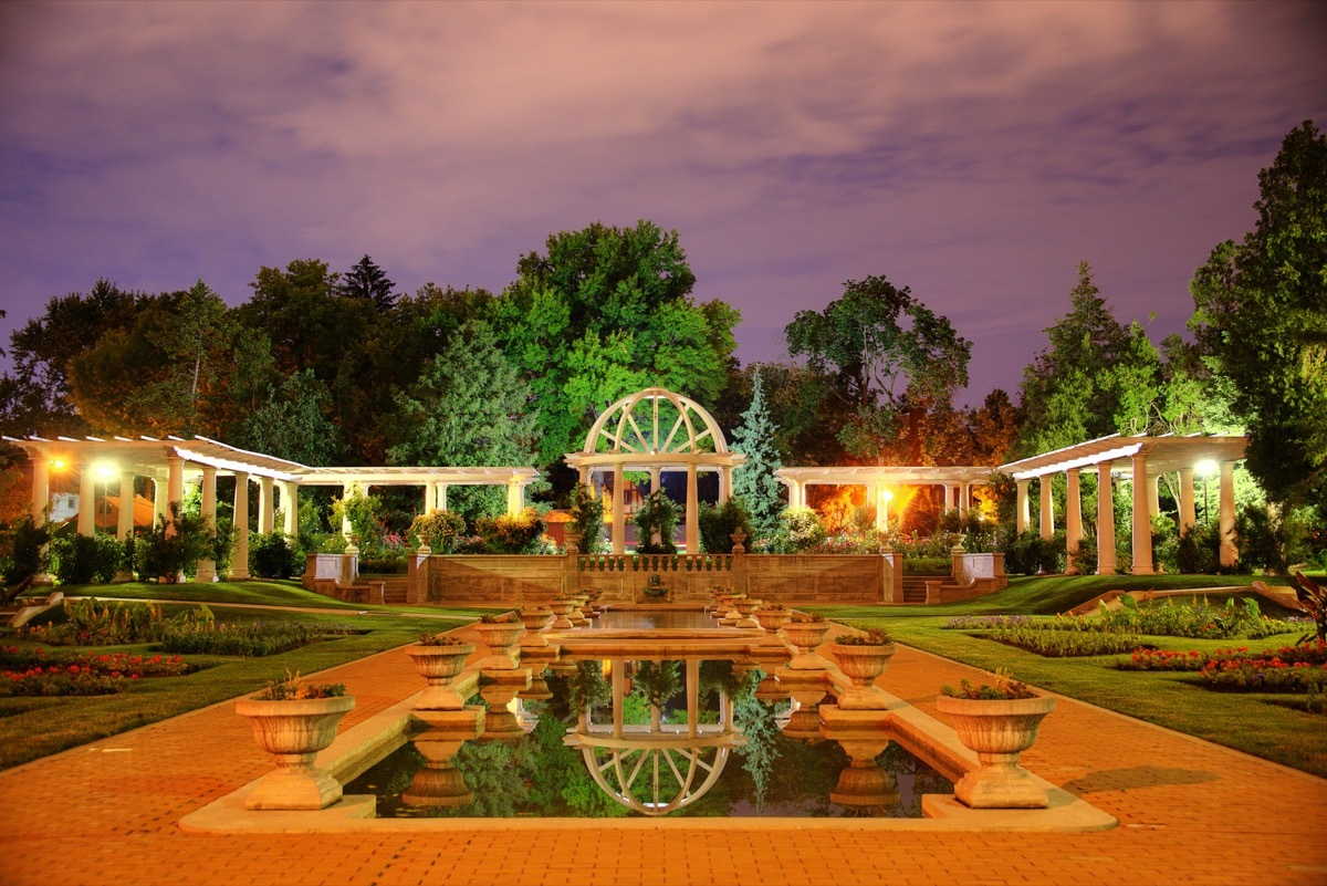 a rose garden in Lake Side Park in Fort Wayne, Indiana at night