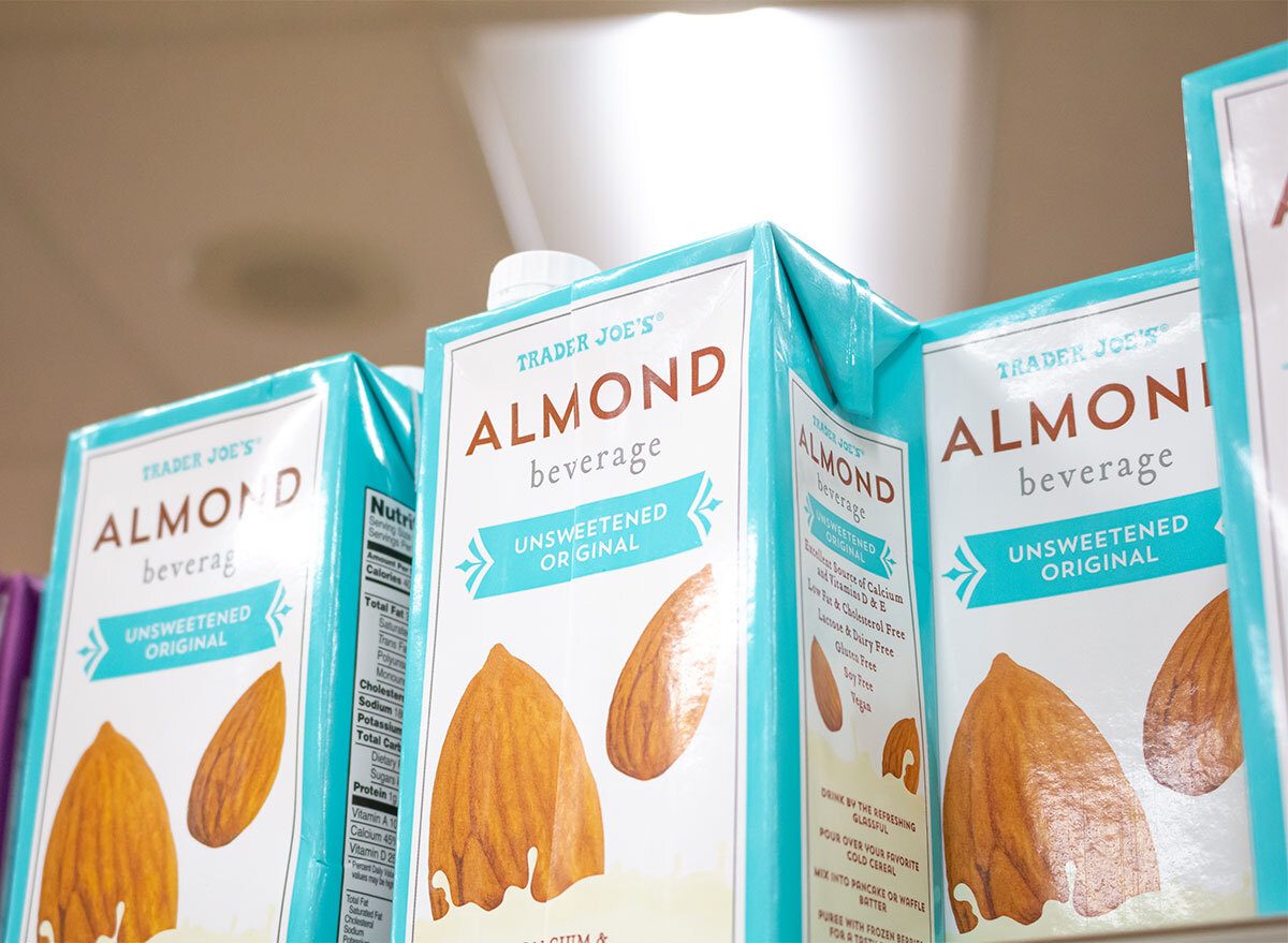 trader joes almond beverage cartons on store shelf