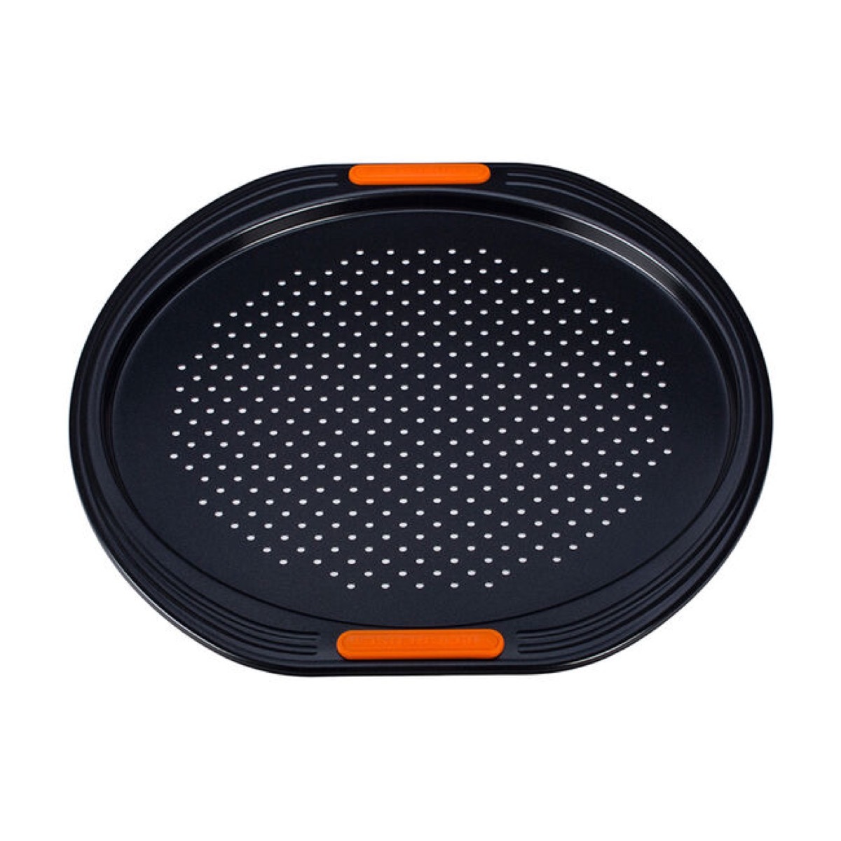 black perforated pizza pan with red handles