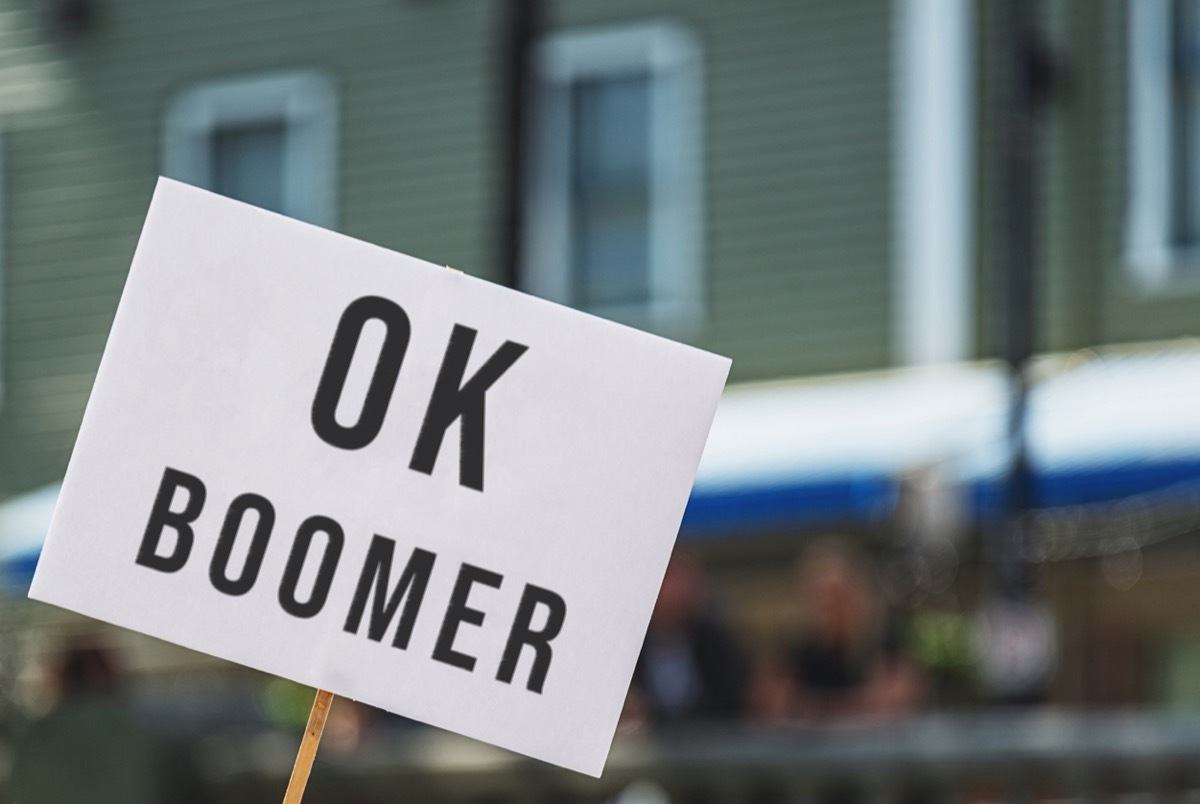 Protest sign with OK Boomer.