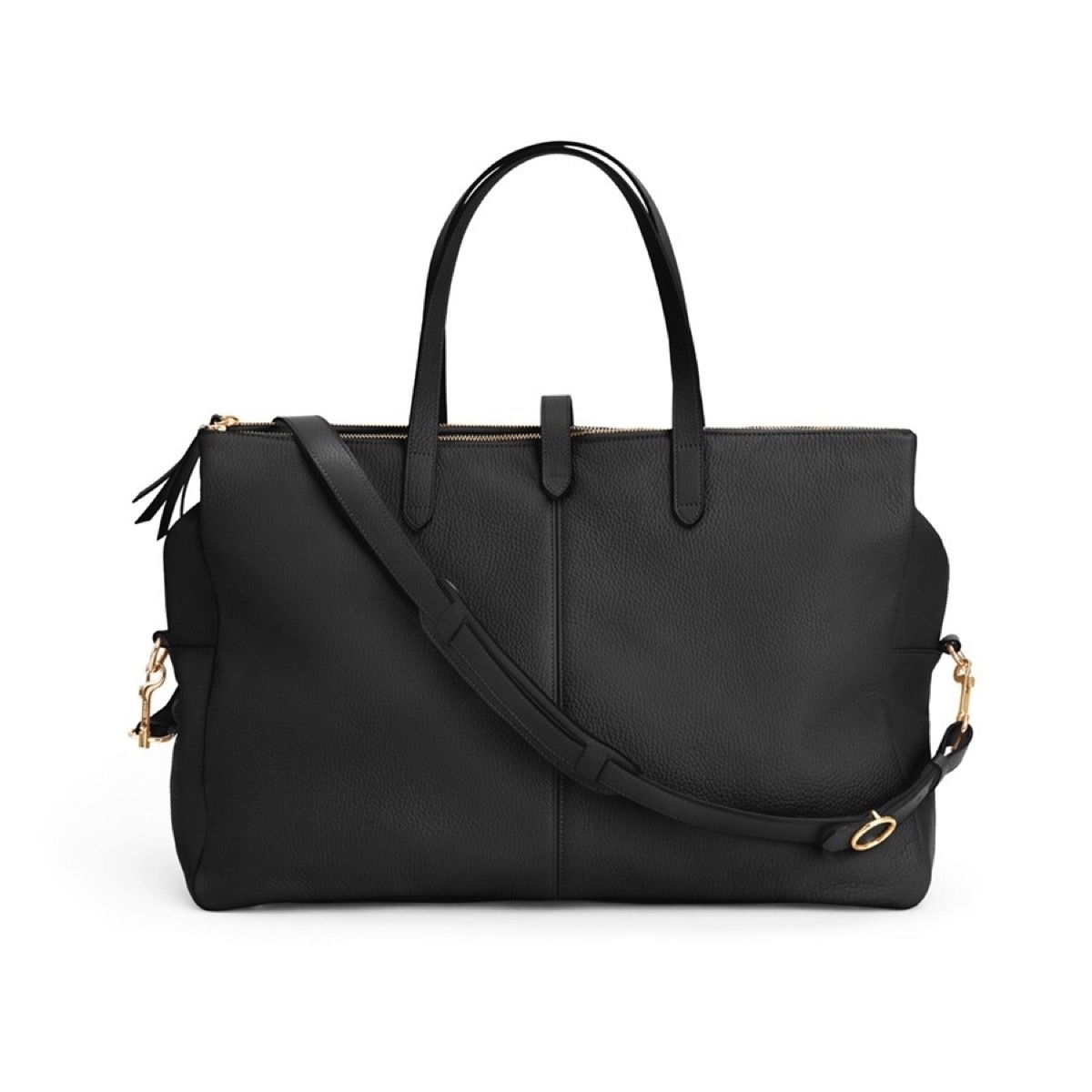 black leather weekender bag