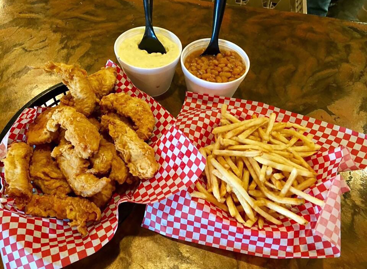 fried chicken with fries baked beans and mac and cheese