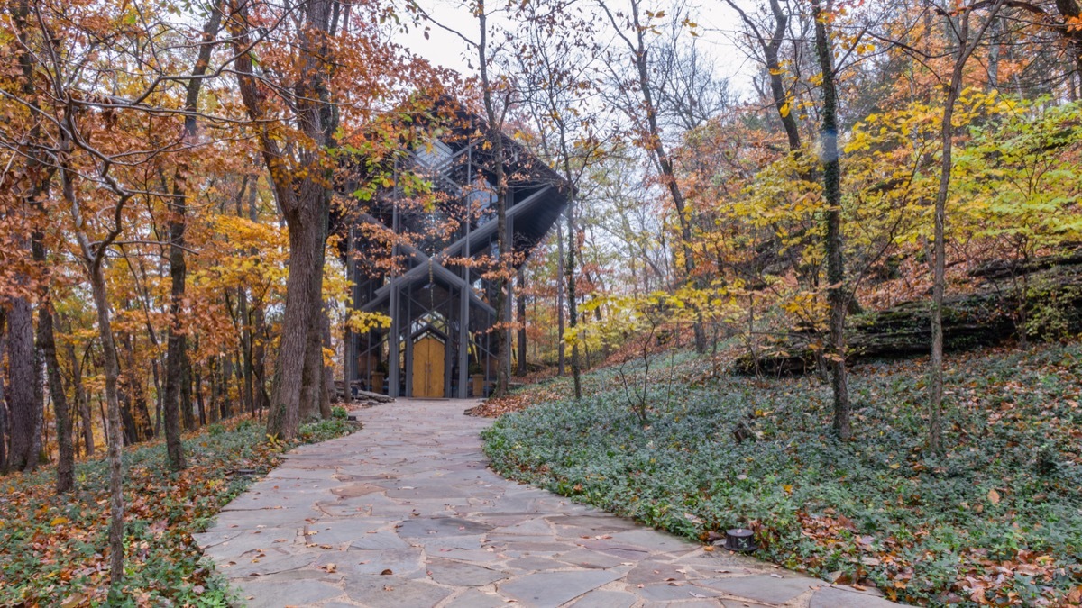 thorncrown chapel in the fall in eureka springs