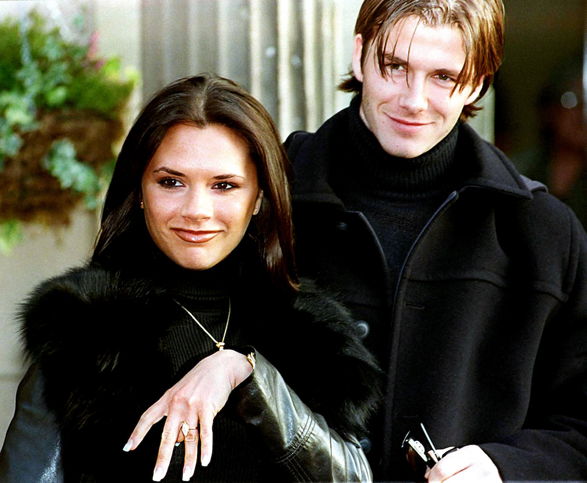 Victoria and David Beckham after announcing their engagement in 1998