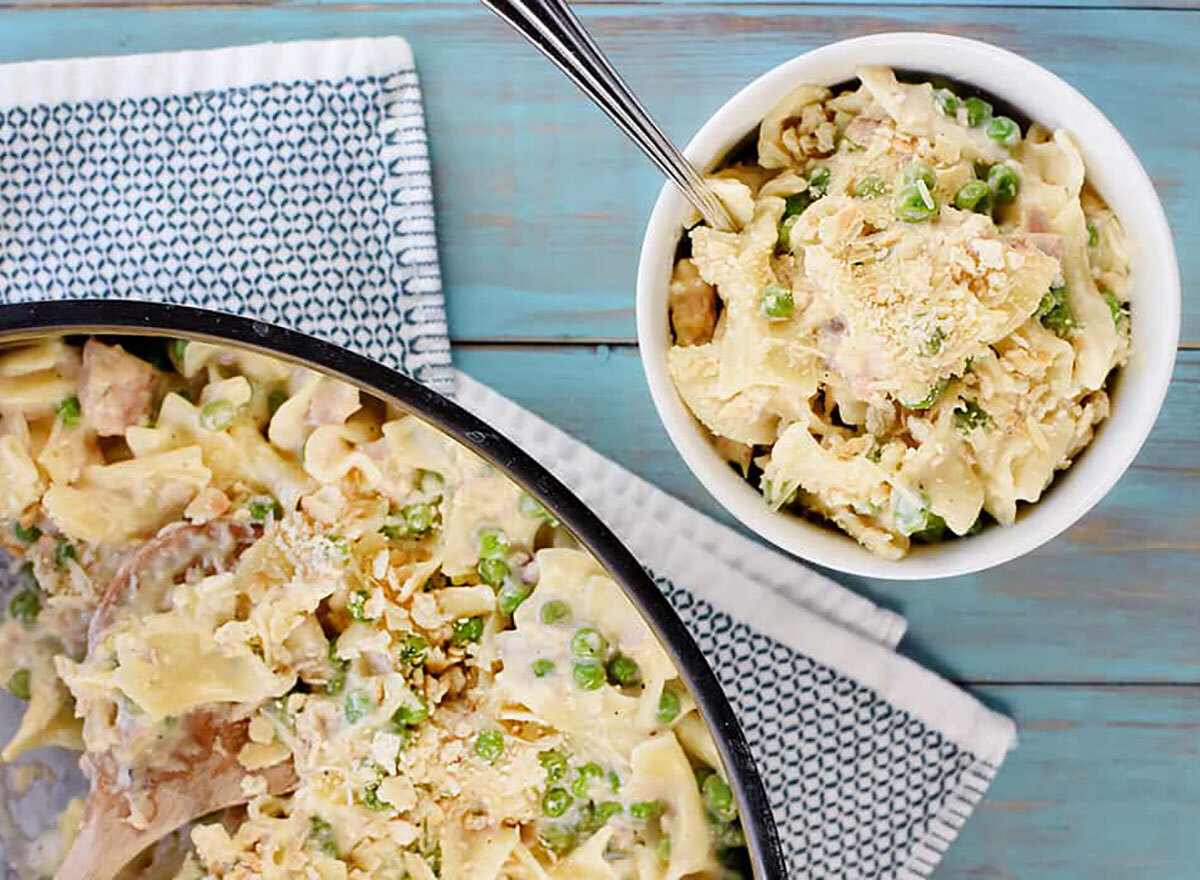 tuna noodle casserole in baking dish with bowl