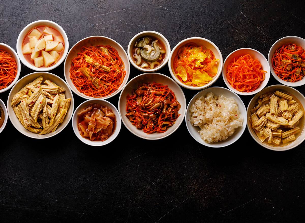 bowls of korean food pickled vegetables