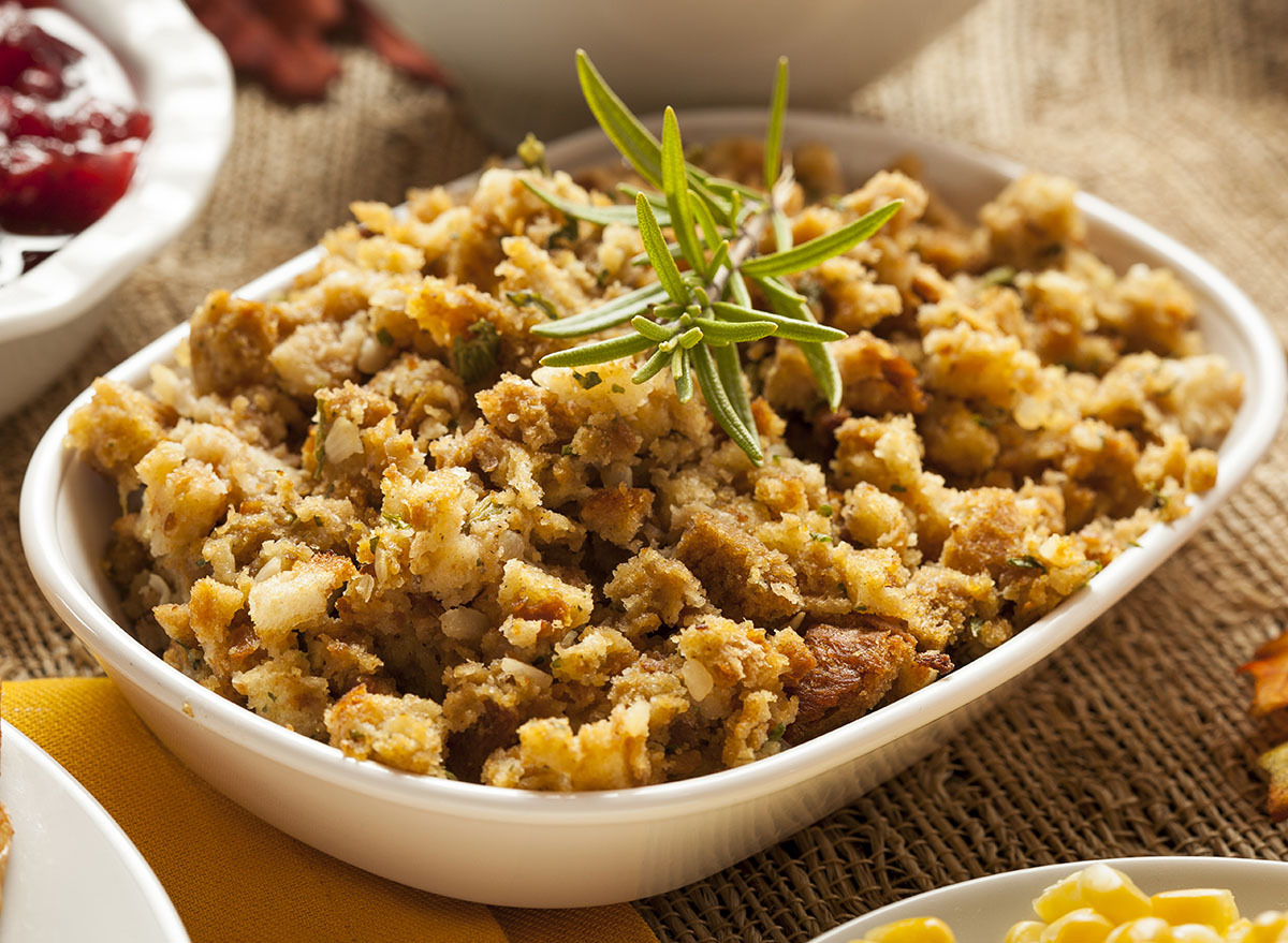 homemade stuffing with rosemary on top