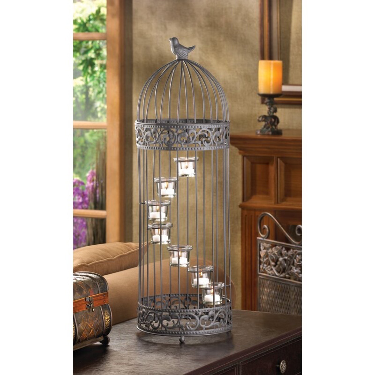 metal birdcage with fairy lights, rustic farmhouse decor