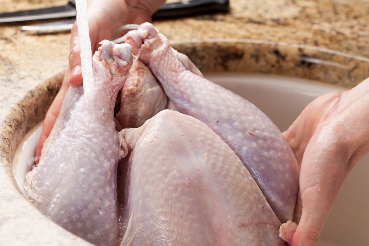 Washing a turkey in sink