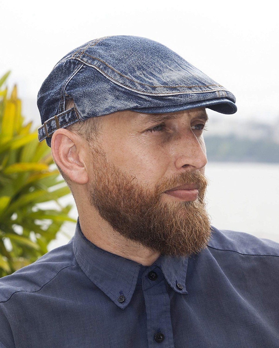 man in an all-denim newsboy cap