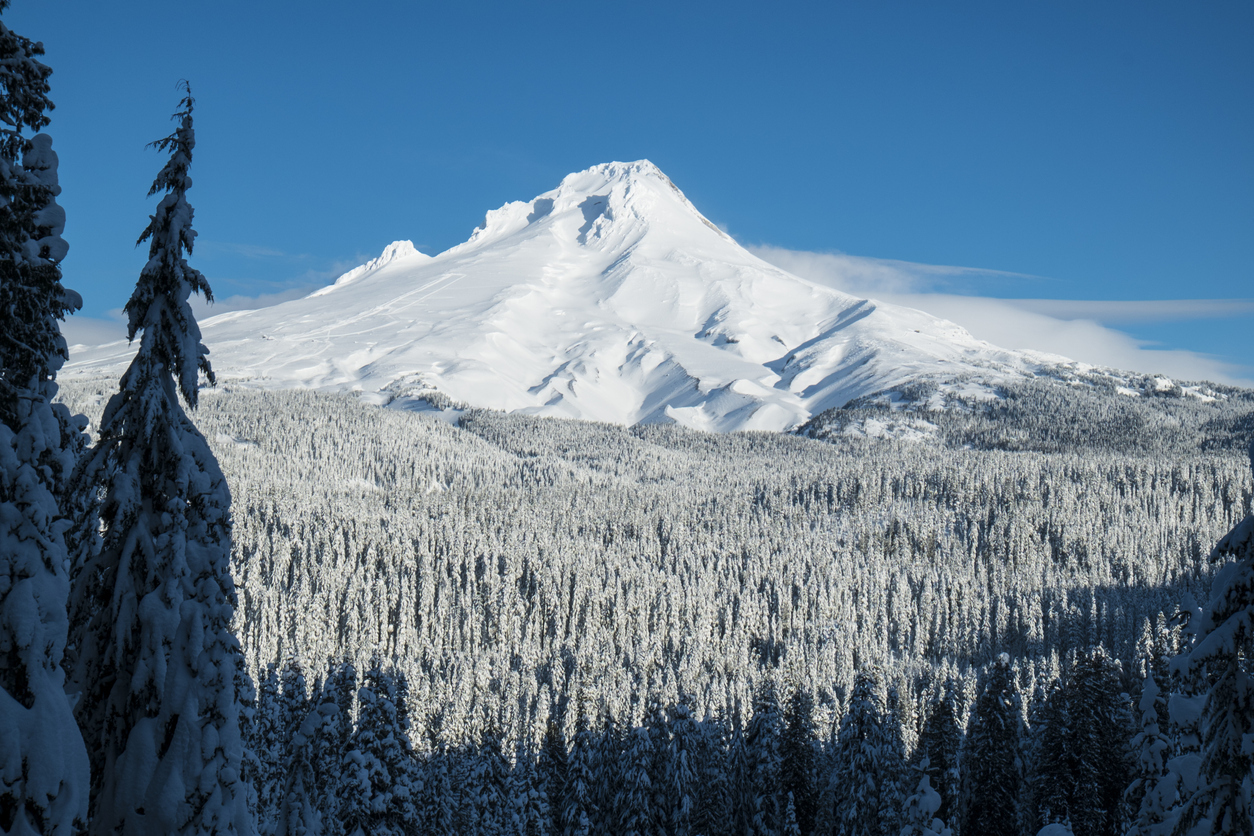 Mount Hood covered in winter snow, Oregon