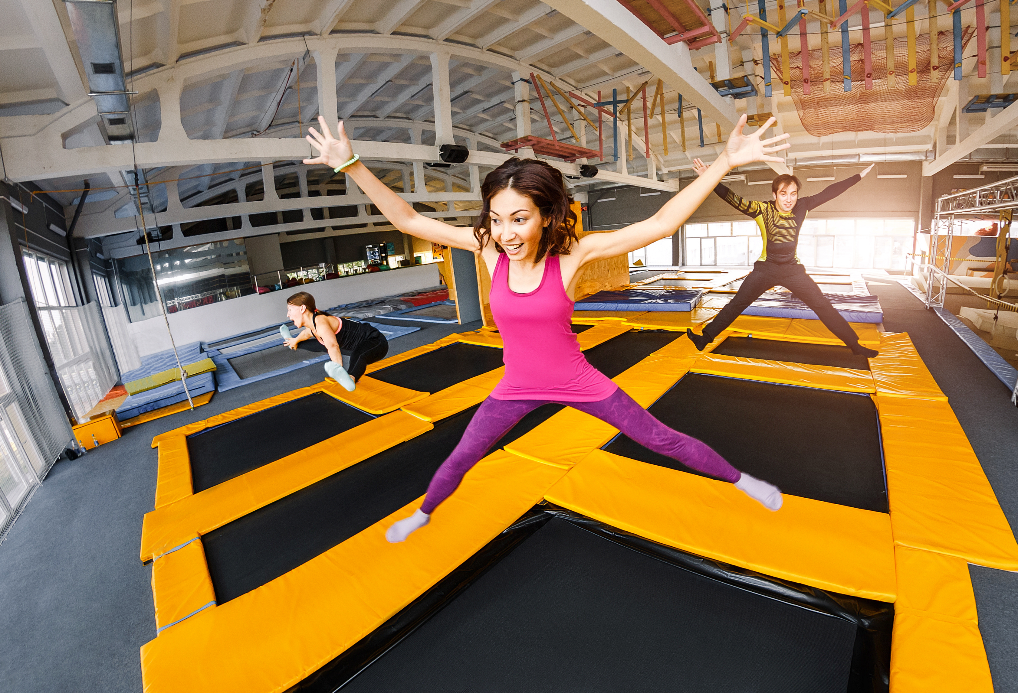 group of friends at a trampoline park