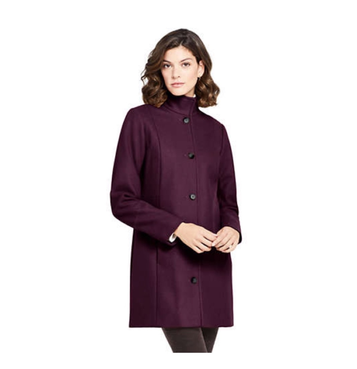 woman with brown hair in purple coat, women's coats for winter