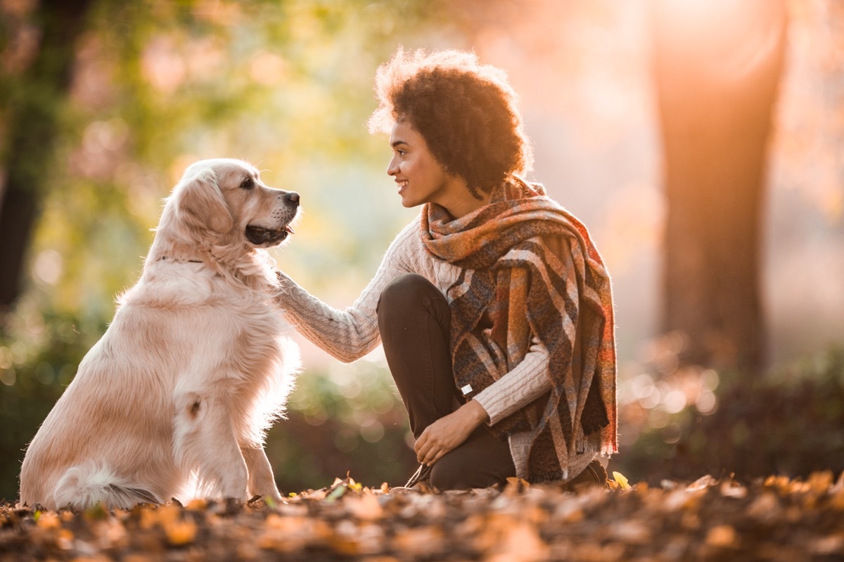 Happy African American woman speaking to her dog at the park.