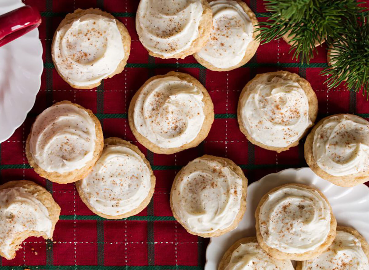 eggnog cookies on plaid tablecloth