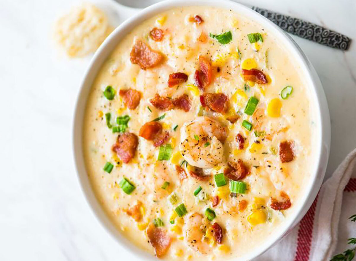 shrimp corn chowder in bowl with spoon