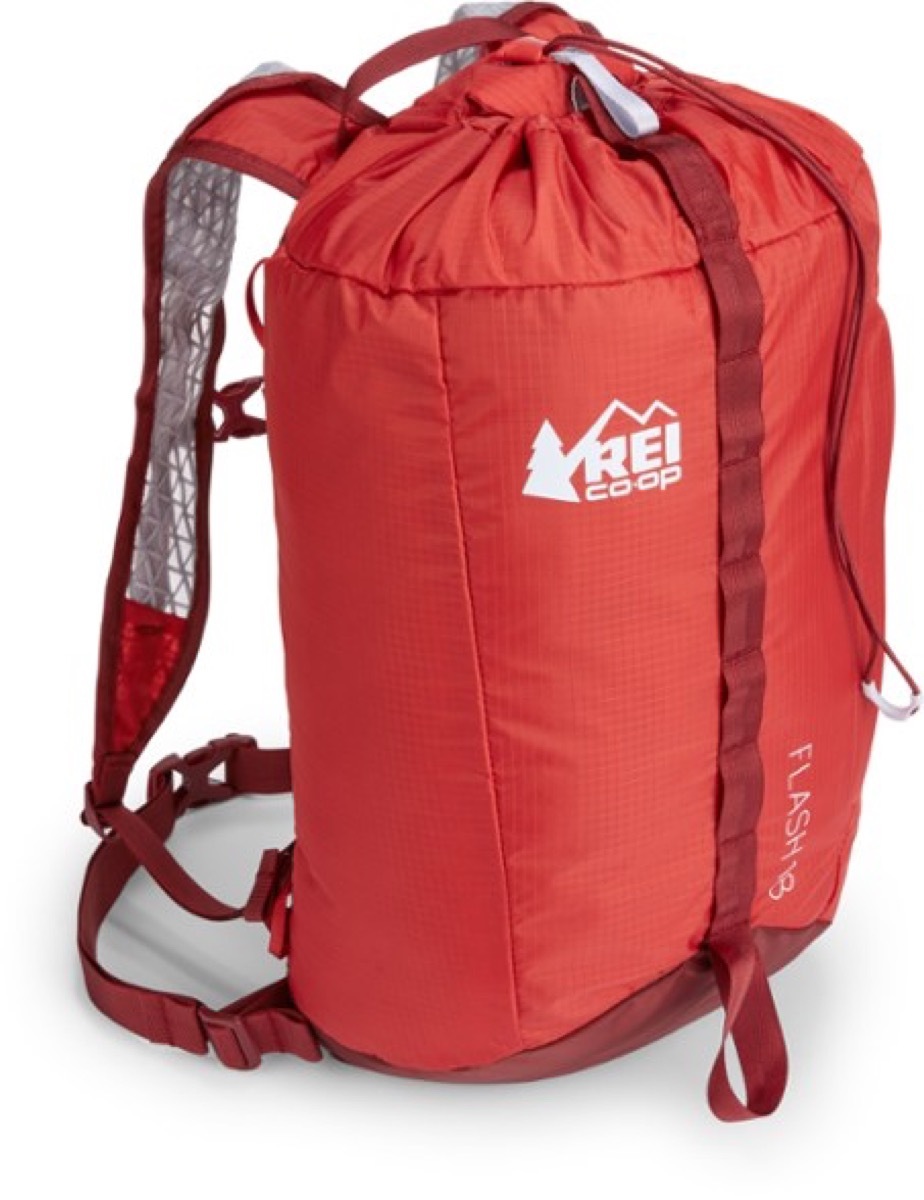 red REi backpack on white background