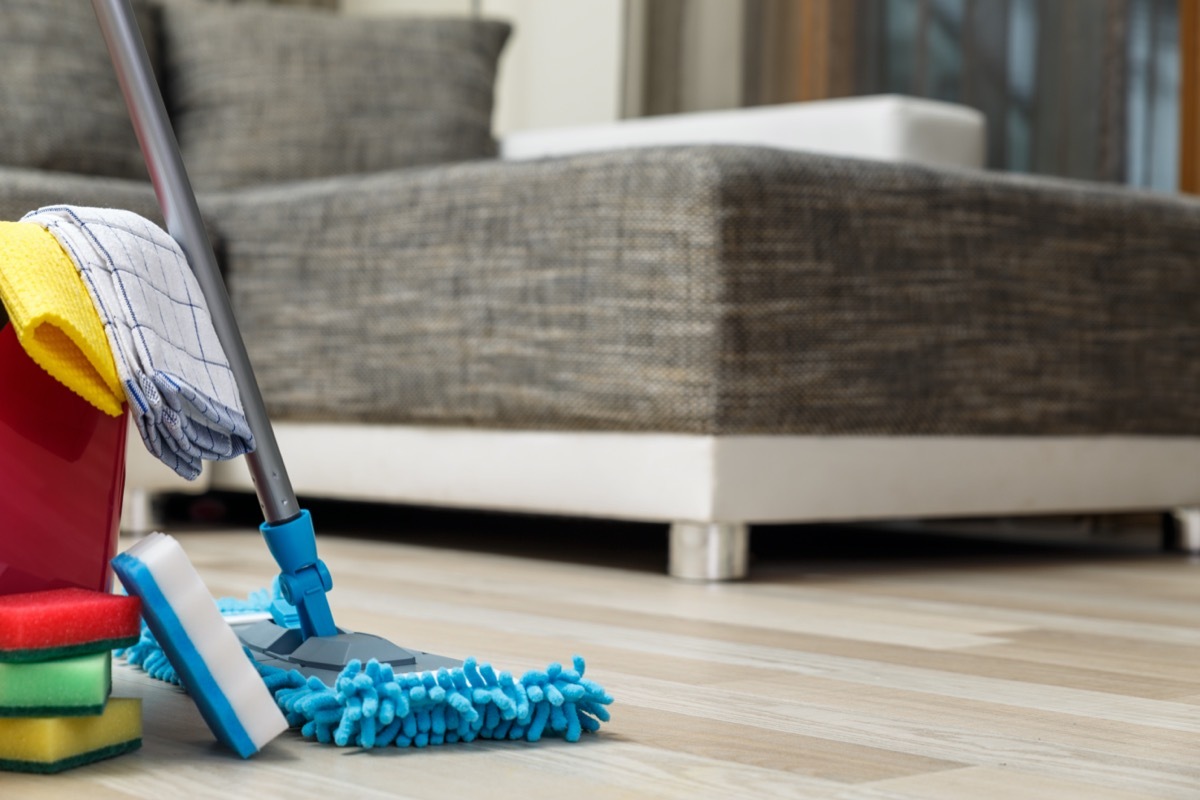 cleaning supplies and tools on the floor