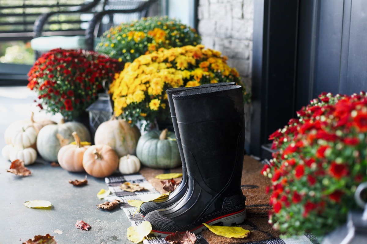 black rain boots stored outside