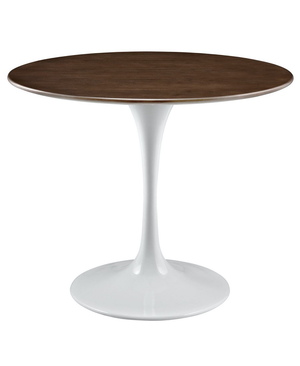 round dining table with white base and brown top