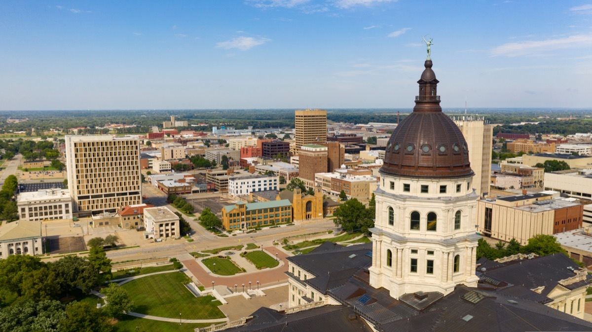 buildings and the Cooper dome in the downtown area of Topeka, Kansas